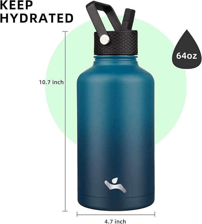 Konokyo Half Gallon Insulated Water Bottle with Straw,64 oz 3 Lids Water Jug with Carrying Bag,Paracord Handle,Double Wall Vacuum Stainless Steel Metal Flask,Indigo Black
