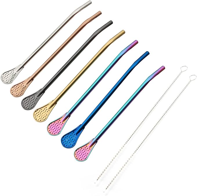 Reusable Straws Spoon for Yerba Mate Stainless Steel Straw Spoon Filter Strainers for Loose Tea, Coffee Stirrers, Smoothie Slushy Straws, 9 Pcs 6 Colors with 2 Cleaner Brushes
