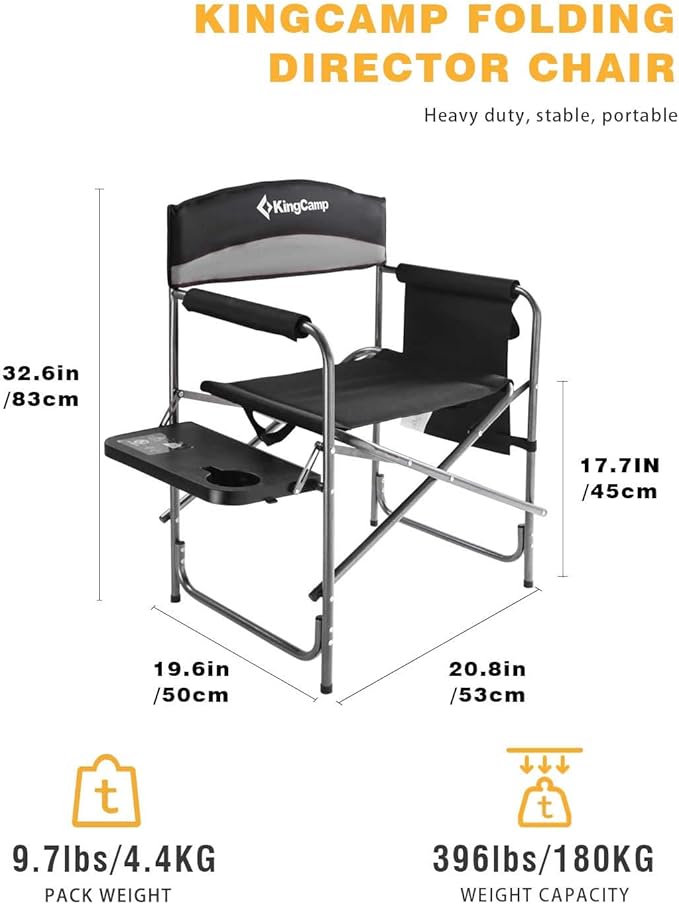 KingCamp Folding Camping Chair, Heavy Duty Portable Directors Style with Side Table Carry Handle Storage Pockets for Outdoor Tailgating Sports Backpacking Fishing, Black