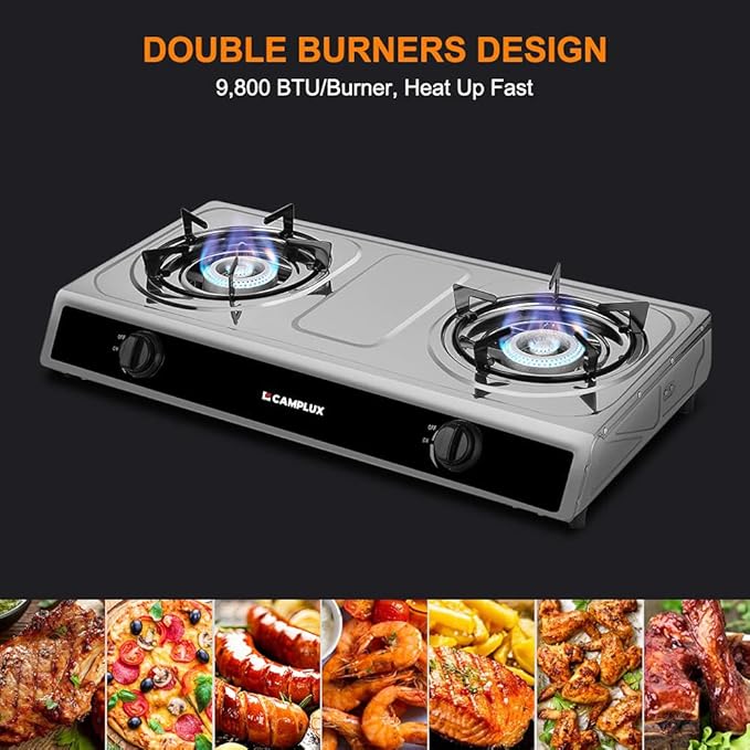 CAMPLUX 2 Burner Propane Camping Gas Stove for Outdoor Cooking, 19,600 BTU Portable Double Burner Propane Cooktop Stainless Steel with Auto Ignition, Estufa de Gas Portatil, for Patio, Camping, BBQ