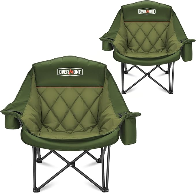 Overmont Oversized XL Camping Chair for Adults - 400lbs Support Heavy-Duty Padded Folding Chair with Side Pocket Cup Holder Cooling Bag for Outdoor Sports Garden Beach Fishing Lawn Green 2pcs