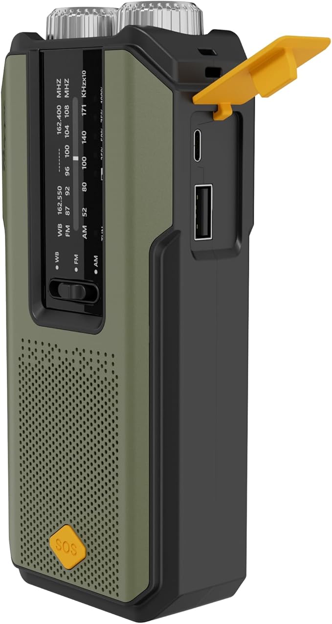 【Preppi】 Emergency Hand Crank Solar Weather Radio Portable Power Bank, 2000mAh Battery Operated, SOS Alarm, AM/FM & LED Flashlight