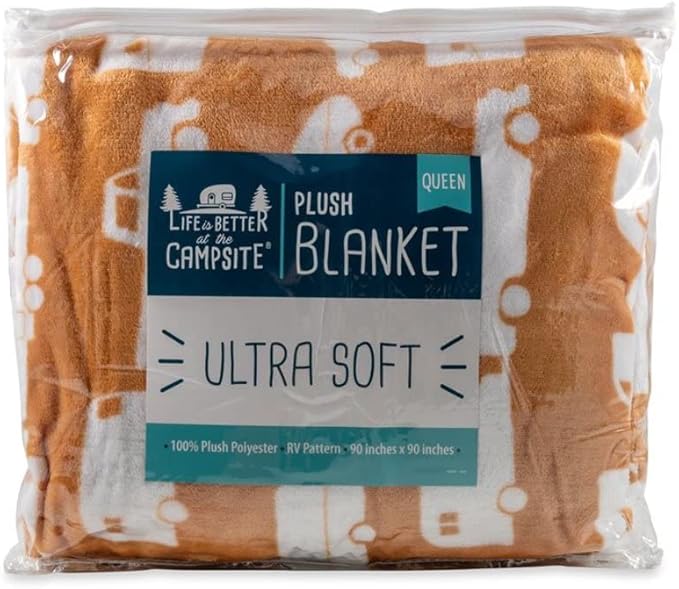 Camco 53441 Life is Better at The Campsite Plush Fleece Blanket, Queen Size - Keeps You Warm While at Home, Camping or on Picnics - Machine Washable - Features a Brand RV Print, Autumn Gold
