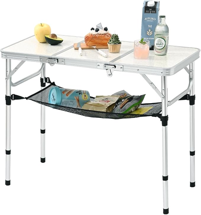 YihuiKo 3ft Aluminum Folding Picnic Table - Lightweight & Portable Outdoor Table with Adjustable Height, Storage Net for Camping, Backyard, RV Trips