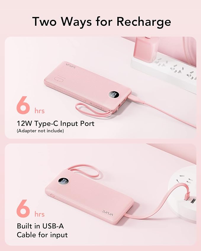 VRURC Portable Charger Power Bank, 10000mAh Travel Essentials Battery Pack, Compact Charging Bank Built-in Cables Cords Compatible with iPhone 17 Pro 17 16 15 14 13, Samsung Phones-Pink(1 Pack)