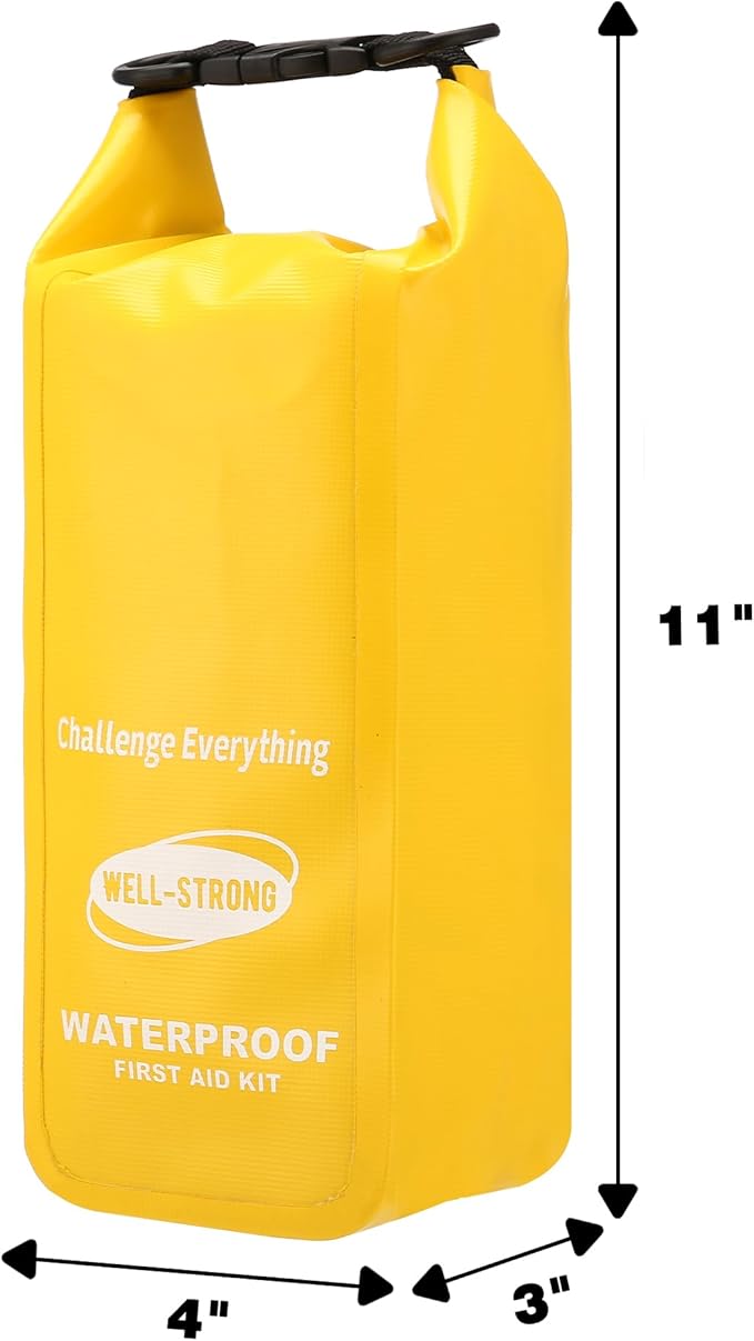 Boat First Aid Kit Waterproof, WELL-STRONG Marine Emergency Kit with Roll Top Dry Bag for Boating Fishing Kayaking – Water-Resistant Contents for Camping & Beach（Yellow）