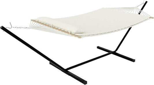 GarveeHome 2 Person Outdoor Hammock with Stand, Portable Hammock, Heavy Duty Hammock with Soft Pillow, Balance Ropes, for Patio, Backyard, Garden, Beach, Beige