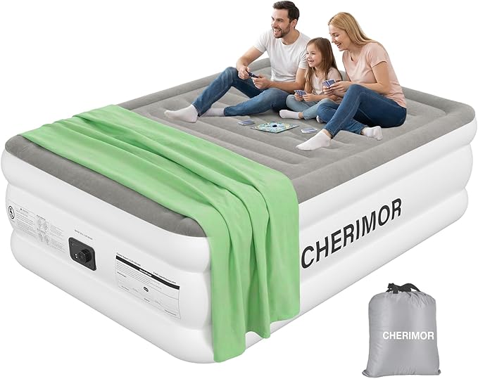 CHERIMOR Air Mattress Queen with Built in Pump, 18" Raised Comfort, Anti-Sag Horizontal Beam, 800lbs Heavy-Duty Support Blow Up Mattress, Multi-Layer Leak Proof Air Bed for Home Guests Camping