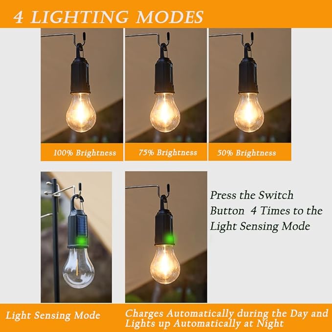 4 Pack Solar Camping Lights , Rechargeable Light Bulbs , Hanging Tent Lantern Outdoor Indoor with Clip Hook Keychain 4 Lighting Modes for Christmas Decorations Hiking Backpacking Warm Light
