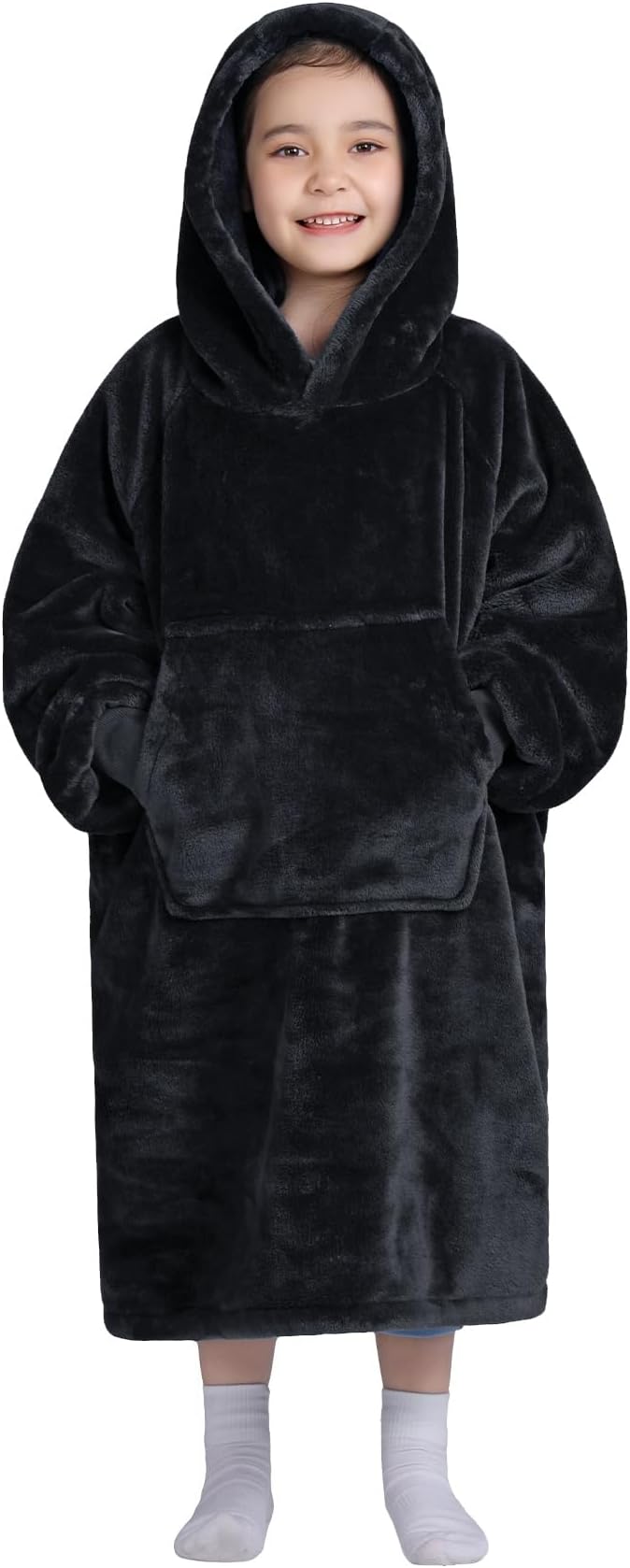 Waitu Wearable Blanket for Kids, Cozy Wearable Blanket Hoodie for Teens Girls Boys, Warm Blanket Sweatshirt Gift for Teenage, Hoodie Blanket with Sleeves and Giant Pocket - Black