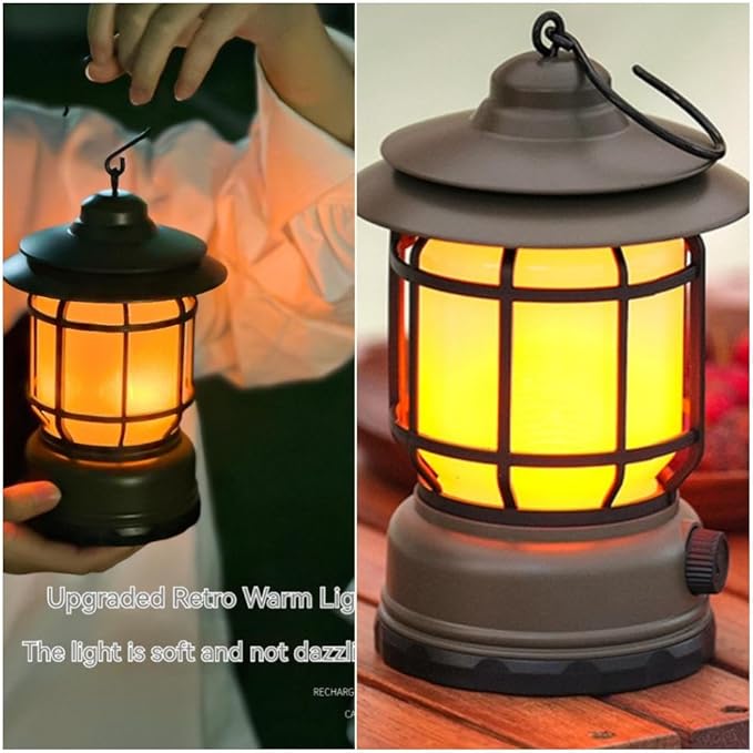 Rechargeable Camping Lantern, Flame Decorative Table Lamp, 2 Modes LED Lights with Hooks, Dimmable, Vintage Style, Portable Camping Light for Indoor/Outdoor Use