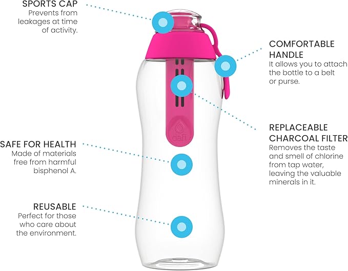 Dafi Sport Water Bottle with Filter Pink 0.3L – BPA-Free Reusable Bottle with Activated Carbon Filter – Removes Chlorine Taste & Odor – Perfect for Active Lifestyle Travel Gym Work – Made in Europe
