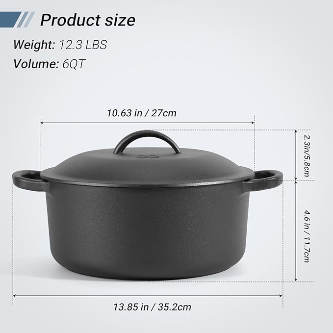 Northriver Casting 6 QT Basics Cast Iron Dutch Oven Pot with Lid and Dual Handles, Oven Safe up to 500°F Large Cooking Pan,Bread Oven