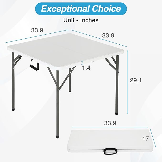FDW 34" Folding Card Table Plastic, Portable Square Height, Perfect for Party and Parties Backyard Events, White