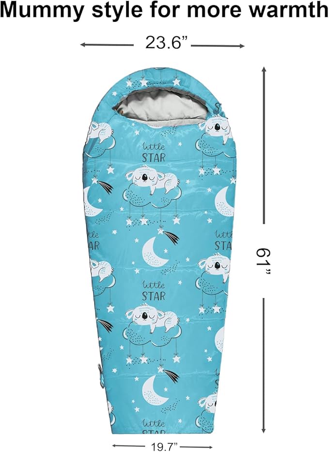 KidzAdventure Mummy Style 32 – 59F Kids Sleeping Bag with Pillow Sleeve, 4 Season, Lightweight and Backpacking Style, Ideal for Camping, Sleepover, Boys, Girls, and Youth