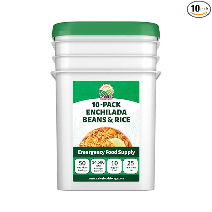 Valley Food Storage Enchilada Beans & Rice | 50 Servings Emergency Food Supply | Premium Survival Meals, 25 Year Shelf Life | Prepper Food, Camping & Off Grid Living Supplies (10 Bags + Bucket)