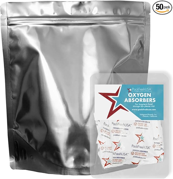 PackFreshUSA: 50 Pack - 7 Mil - One Gallon Seal-Top Stand Up Mylar Pouch Bags - 500cc Oxygen Absorbers - Resealable - Rounded Corners - Long-Term Food Storage