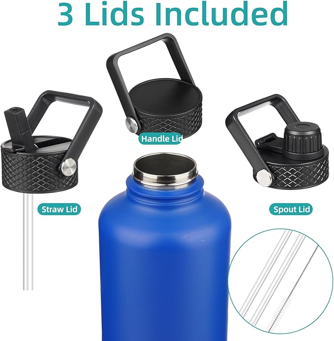 Konokyo Insulated Water Bottle with Straw,50 oz 3 Lids Water Jug with Carrying Bag,Paracord Handle,Double Wall Vacuum Stainless Steel Metal Flask,Blue
