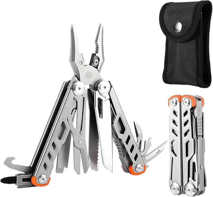 Multitool 15-in-1 Stainless Steel Multi Tool Pliers with Knife, Spring-Action Pliers and Scissors, Multitool for Survival, Camping, Hiking, Gifts for Men (Grey)