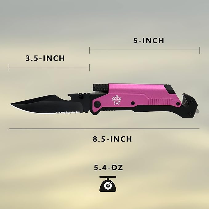 8.5" Military Outdoor EDC Camping Pocket Knife, 7 in 1 Multi-Function Folding Knives with Fire Starter LED Light Seatbelt Cutter Glass Breaker Bottle Opener Tactical Blade (Pink)