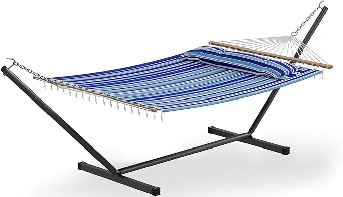 Garvee 57" Double Hammock with Heavy Duty Stand – 2 Person Hammock, Widening Cotton Fabric Design, 450 LB Capacity for Indoor & Outdoor Use (Blue)