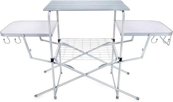 Camco Olympian Deluxe Portable Grill Table - Provides Plenty of Room for Grilling Gear While Camping - Folding Grilling Table Collapses for Compact Storage - Supports Up to 100lb (57293)