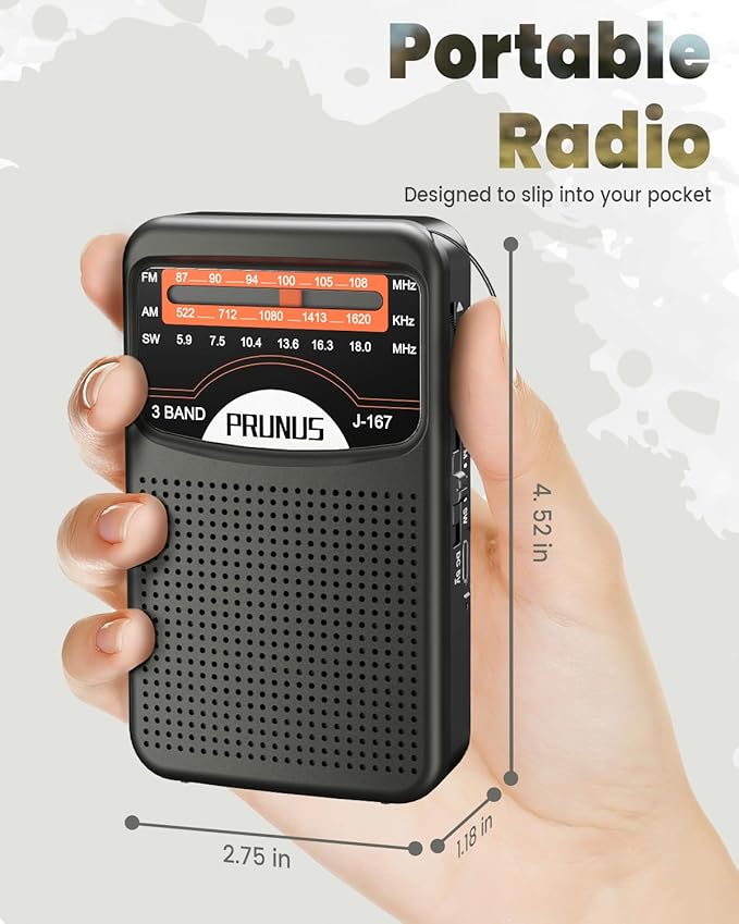 PRUNUS Portable Radio AM FM with USB Charging, Earphone Jack, Handheld Radios, Excellent Reception, Knob Easy to use, Tansistor Radio, J-167