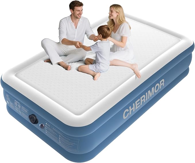 CHERIMOR Twin Air Mattress with Built in Pump, 16" Upgraded Firmness Blow Up Mattress, Multi-Layer Leakproof, Heavy-Duty Support Air Bed, 2-Min Inflation for Home Guests & Camping