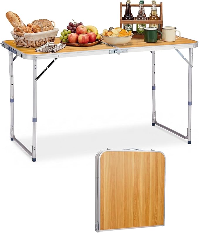 Outvita 4ft Portable Folding Camping Table, Outdoor Waterproof Adjustable Height Table, Aluminum Lightweight Suitcase Foldable Table for Picnic BBQ Beach Dining