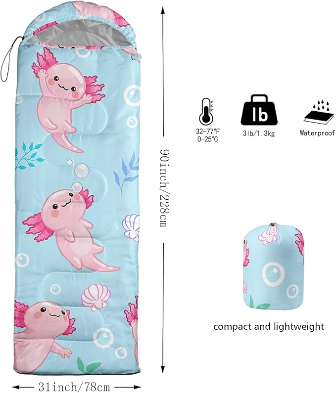 QOOMO Axolotl Cute Camping Sleeping Bags,3 Season Warm & Cool Weather,Lightweight,Waterproof Sleeping Bags for Adults & Kids,Traveling,and Outdoors