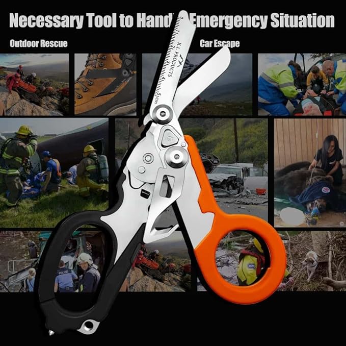 6 in 1 Multifunctional Trauma Shears Foldable with Strap Cutter | Heavy Duty Stainless Steel Emergency Response Shears | Survival Scissors With Holster | Medical Trauma Tactical | Black & Orange
