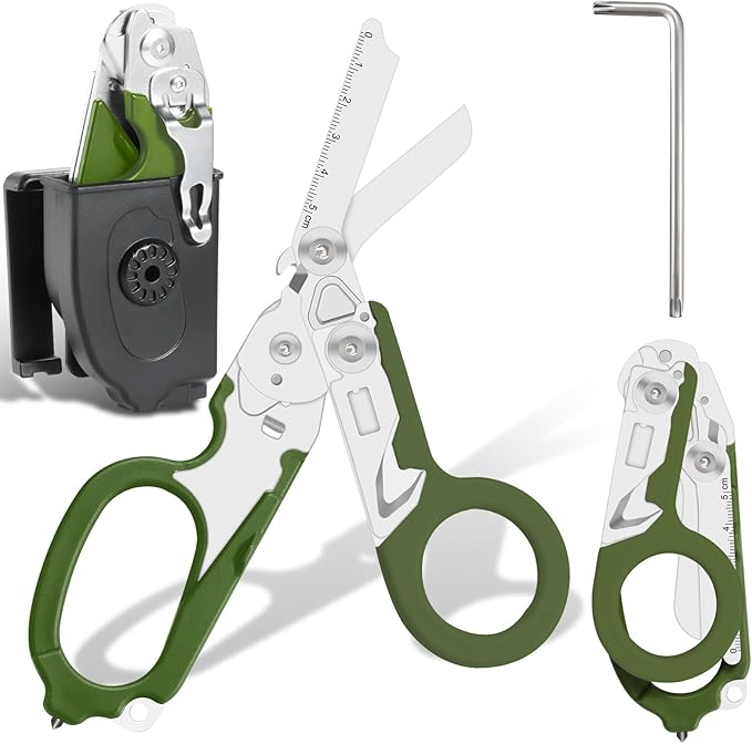 6-in-1 trauma shears - emergency responders, outdoor emergencies, medical staff, and outdoor camping, Gift box packaging with scissors storage K sheaths (army green)