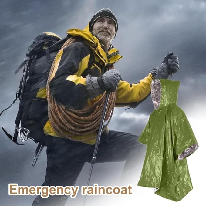 Emergency Poncho with Mylar Blanket Liner for Survival Gear, Waterproof, Wind-Resistant Green Rain Poncho for Outdoors, Camping, and Car Emergency Kits - Thermal Poncho - 4 Pack (Green)