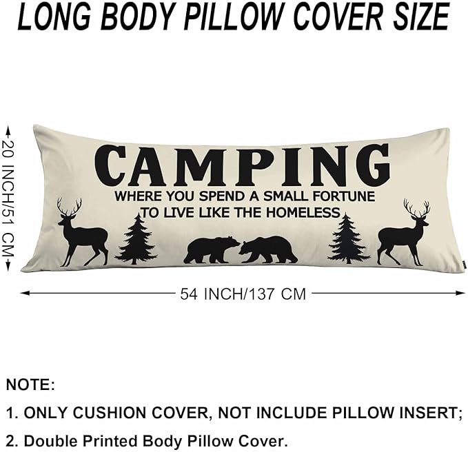 Funny Camping Body Pillow Cover Bear Deer Pine Trees Decorative Body Pillow Covers Long Pillow Cushion Case Zipper Body Pillowcase Soft Cushion Cover for Bedding,Couch,Home 20"X54"