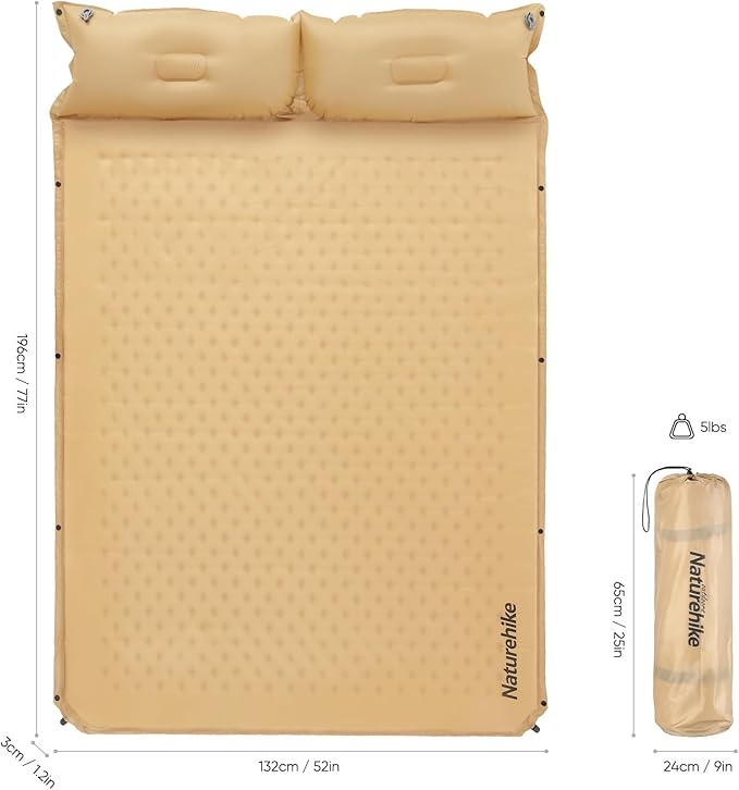 Naturehike Camping Sleeping Pad, Ultralight Camping Mat 2 Person with Pillow, Fast Inflating, Memory Foam Sleeping Pad for Hiking, RV Camping, Yellow