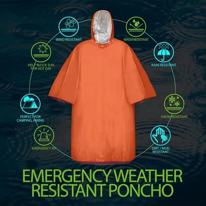 Emergency Poncho with Mylar Blanket Liner for Survival Gear, Waterproof, Wind-Resistant Green Rain Poncho for Outdoors, Camping, and Car Emergency Kits - Thermal Poncho - 4 Pack (Orange)