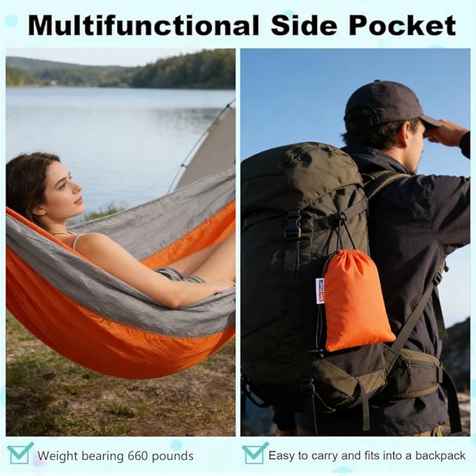 Camping Hammock, Portable Hammocks with Tree Straps & Attached Carry Bag, Travel Tree Hammocks for Outside Indoor Hiking Beach Backpack Travel(Orange, Nylon)