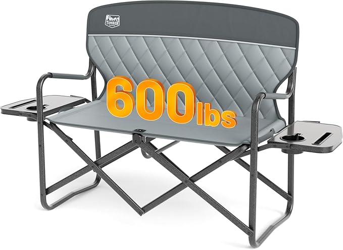 Timber Ridge Double Camping Chair Portable Loveseat, Heavy Duty Folding Camp Couch 2 Person Director Chairs with Cup Holder for Outdoor Lawn Tailgates Picnic Sports Soccer Games Supports 600 lbs Grey