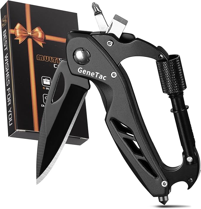 Multi-tool Carabiner with Pocket Knife, Bottle Opener, Window Breaker, Screwdrivers, EDC Tactical Survival Gear for Camping (Black)