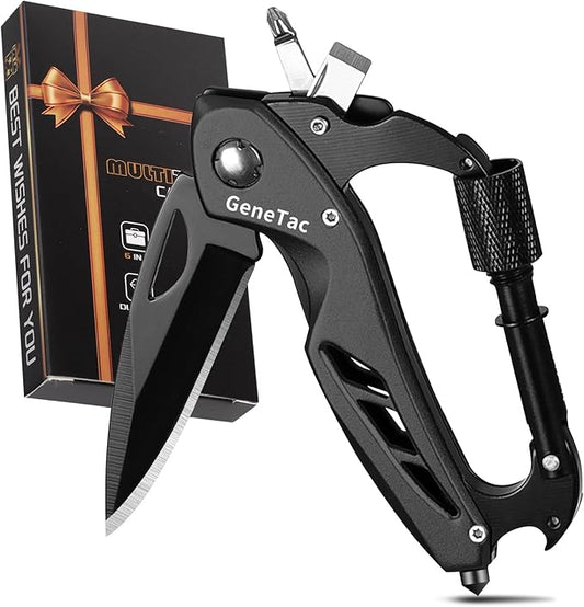 Multi-tool Carabiner with Pocket Knife, Bottle Opener, Window Breaker, Screwdrivers, EDC Tactical Survival Gear for Camping (Black)