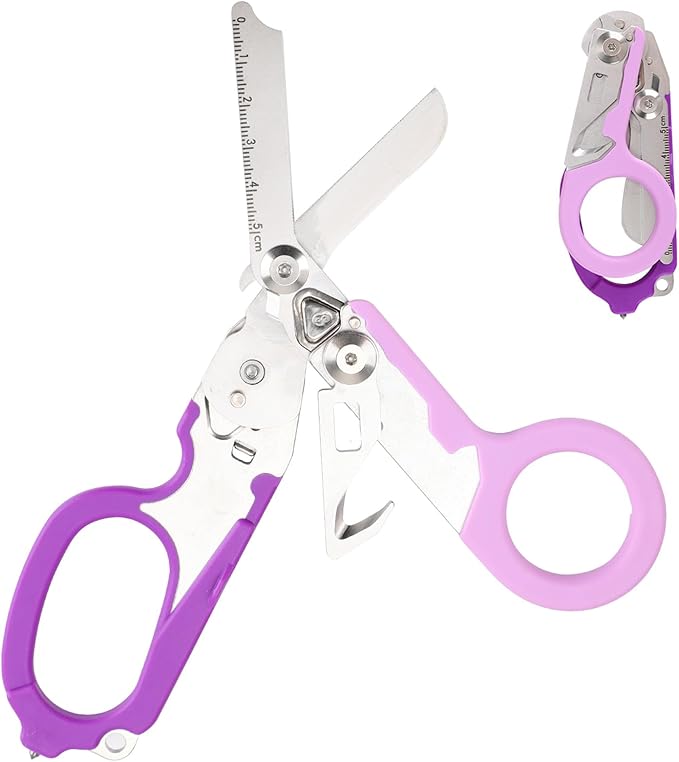 6in1 Trauma Shears, Stainless Steel Pocket Scissors Glass Breaker Emergency Medical Trauma Scissors,Outdoor Camping Tools Multi-function Shears (Double Purple)