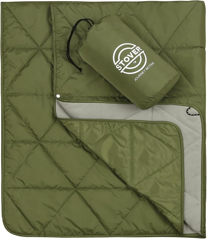 STOVER Outdoor Waterproof Fleece Travel Blanket for Camping, Picnics, Stadiums, Sports, the Beach– Warm, Windproof, Compact, Lightweight & Sand-Resistant (Olive Green)
