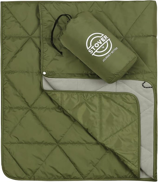 STOVER Outdoor Waterproof Fleece Travel Blanket for Camping, Picnics, Stadiums, Sports, the Beach– Warm, Windproof, Compact, Lightweight & Sand-Resistant (Olive Green)