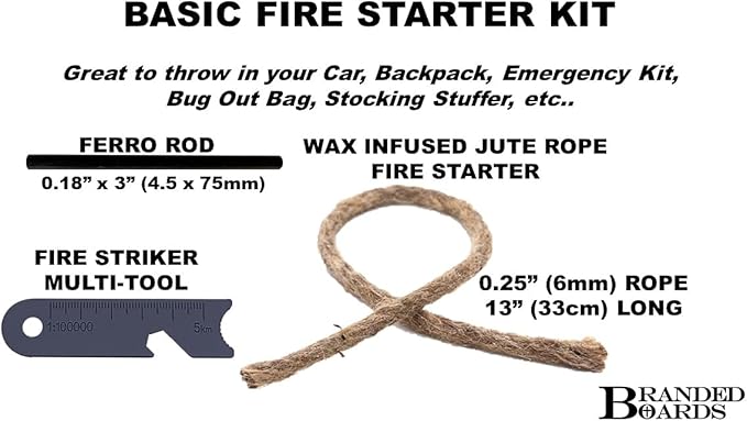 Bushcraft Fire Starter Kits. Ferrocerium Rod, Multi Tool Fire Striker, Waterproof Waxed Jute Rope Tinder, Survival Paracord, Emergency Whistle, Burlap Bag