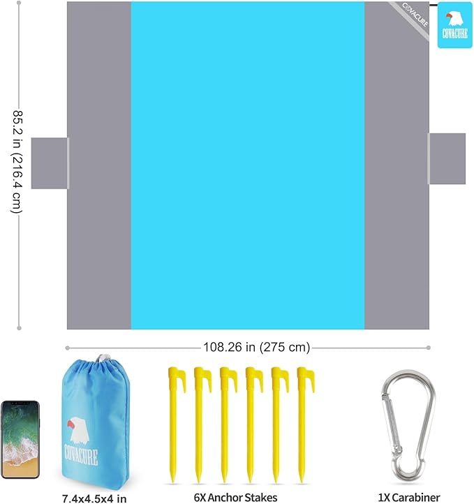 covacure Extra Large Beach Blanket Sandproof Waterproof - 108"x85" for 7-8 Adults, Oversized Portable Beach Mat with Zipper Pockets, Lightweight Durable Outdoor Accessories for Camping, Travel, Hiking