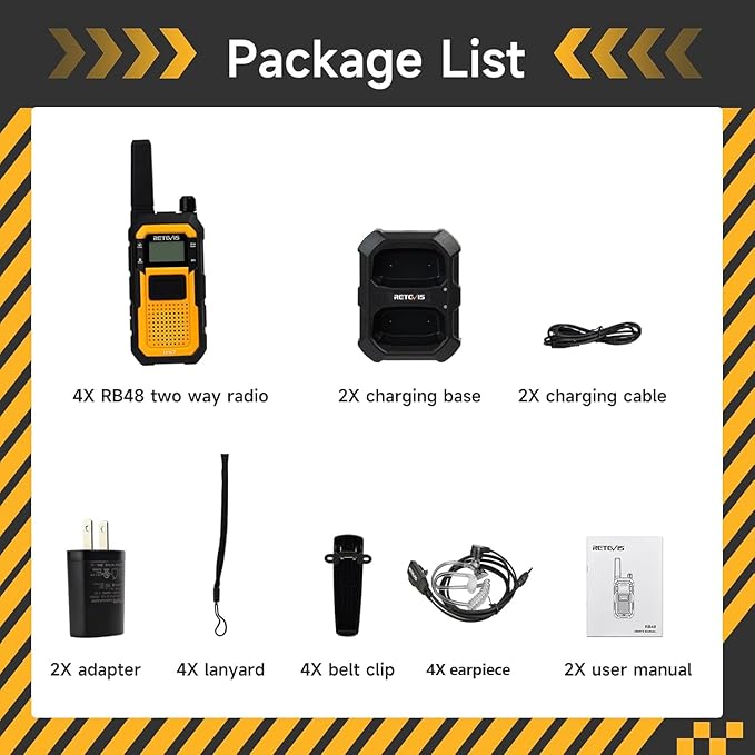Retevis RB48 Walkie Talkies Long Range, MIL-STD 810H Heavy Duty Two Way Radios with Earpiece, IP67 Waterproof, 2000 mAh, Dual PTT, Vibration Call, 2 Way Radio for Jobsite (4 Pack)
