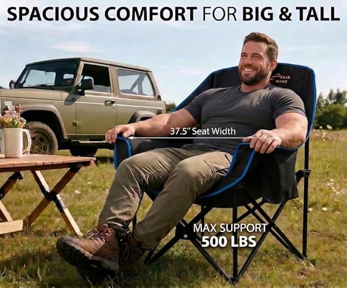 FAIR WIND Oversized Padded Camping Chair Heavy Duty Quad Fold Arm Chair Portable for Outdoor - Support 500LBS, Blue