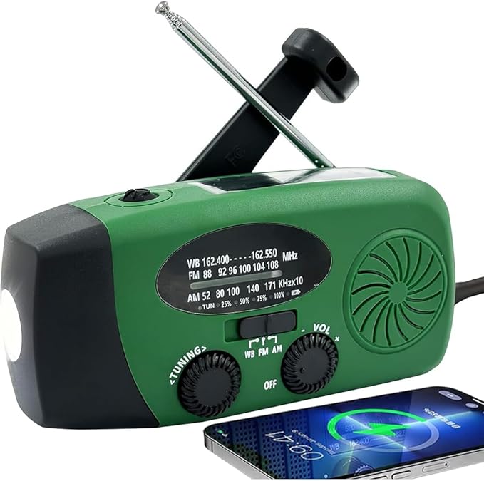 2000mAh/7400mWh Emergency Hand Crank Radio, NOAA Emergency Weather Radio Flashlight (Army Green)
