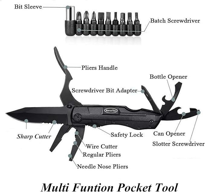 RoverTac Pocket Knife, 15-in-1 Multitool with Pliers, Bottle & Can Opener, 9 Screwdriver Bits, Locking Mechanism & Nylon Sheath - EDC Multi Tool for Camping, Hiking & DIY, Gift for Men & Dad