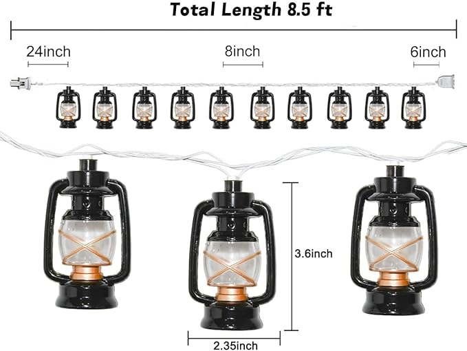 8.5Ft Black Mini Kerosene String Lights, Vintage Fairy Decorative Lights with 10 Warm White LED Lights, Connectable Outdoor Lantern for Bedroom Camping Wedding Garden Holiday